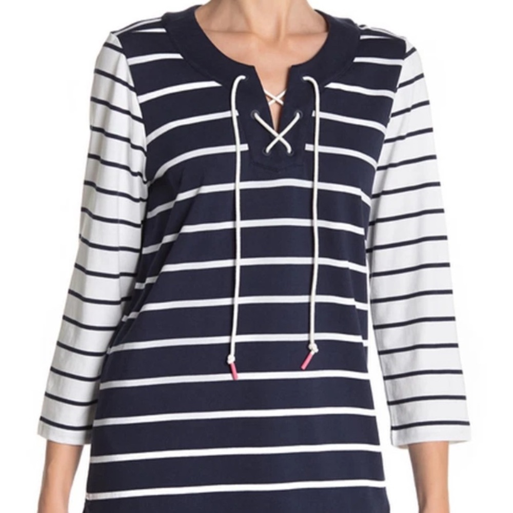 NWT Tommy Bahama size Medium Navy / White striped 100% cotton 3/4 sleeve top